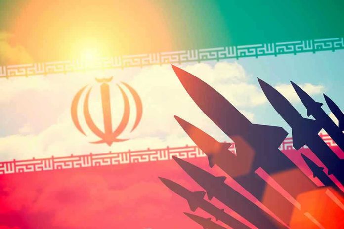405834970 Silhouettes of missiles over Irans flag graphic.