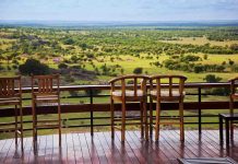 Kentucky Horror: Man Thrown Off Balcony Outdoor seating area with wooden bar stools overlooking a green landscape