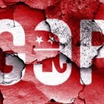 GOP Erupts Over Shocking Senate Lawsuit Provision Cracked wall featuring the GOP logo in red and white
