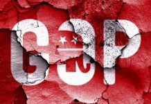 GOP Erupts Over Shocking Senate Lawsuit Provision Cracked wall featuring the GOP logo in red and white