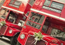 Liberal Alarmism FALLS Flat – Gay Marriage Rights Are Safe! Two red double-decker buses decorated for a wedding with Just Married signs
