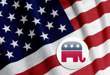 Trump-endorsed Matt Van Epps WINS! American flag with Republican elephant symbol.