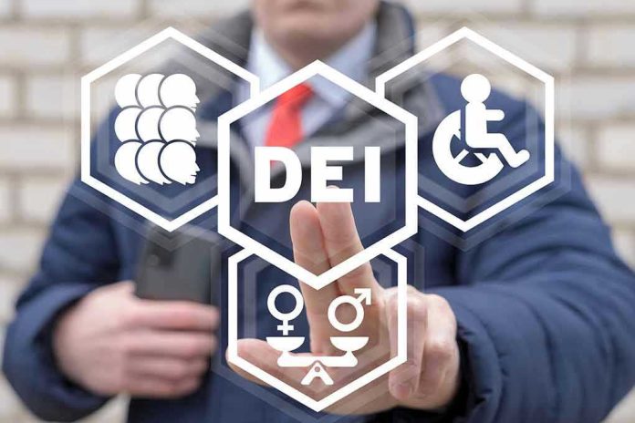 Person pointing at DEI symbols on glass.