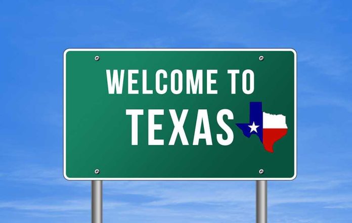 Welcome to Texas road sign with a Texas map