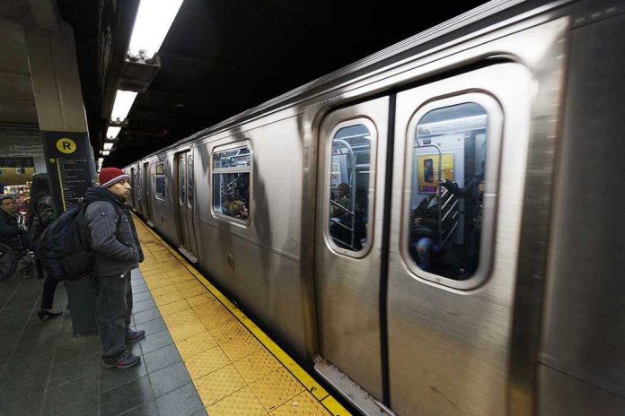 134560958 Man waiting at subway platform with departing train.