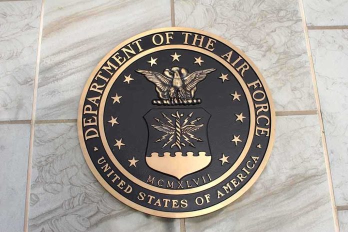 shutterstock_1513763.jpg Bronze seal of the Department of the Air Force on a tiled surface