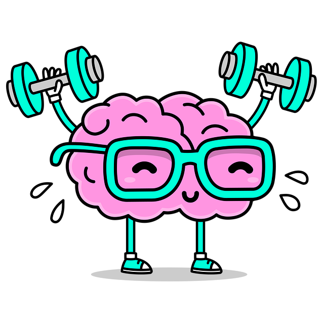 Cartoon brain lifting dumbbells and wearing glasses.
