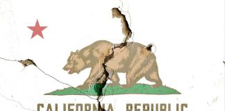 California Tech Giant RIGGED Jobs Against Americans Cracked California Republic flag on a wall.