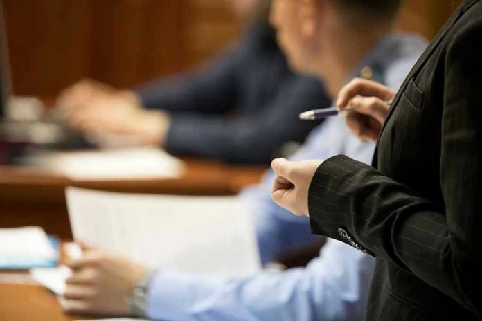 1379063870 Person holding pen, speaking to seated individuals with papers.