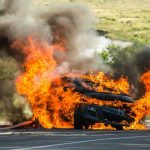 Mystery HIGHWAY FIREBALL Torches 30 Acres FAST Burning car with flames and smoke on roadside