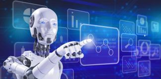 TECH GIANT Issues CHILLING AI Self‑Improving WARNING A humanoid robot interacting with a digital interface displaying data and graphs