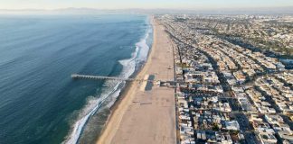 ANOTHER Unprovoked Shark Attack — What’s Going ON? Aerial view of a beach with a pier and urban area beside the ocean