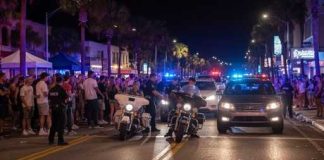 TERRIFYING — MANY DOWN In UNEXPECTED Street MAYHEM Police officers managing a crowd on a busy street at night