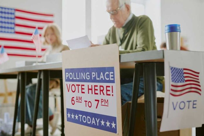 Polling station with people voting, American flags visible.