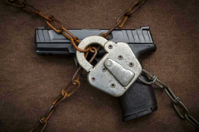 339173702 Pistol locked with chains and a padlock.