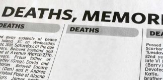 Death Rate PLUNGES — Who’s Still at GREATER RISK? Newspaper obituary section with death notices.