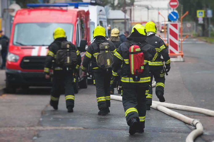 Firefighters walking toward a scene with hoses and a red emergency van