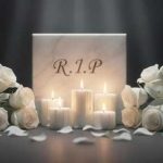 SUDDEN SHOCKING Death Ends MUSIC ICON’S LIFE A memorial display featuring candles and white roses with a marble stone inscribed 'R.I.P.'