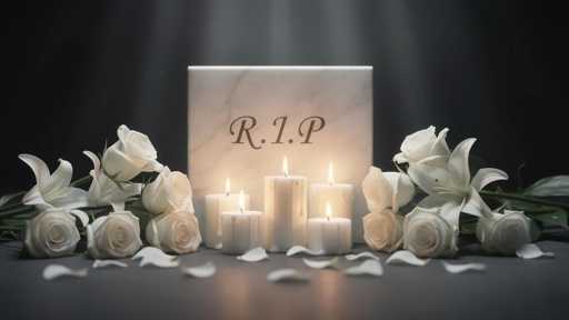 shutterstock_2738095117 A memorial display featuring candles and white roses with a marble stone inscribed 'R.I.P.'