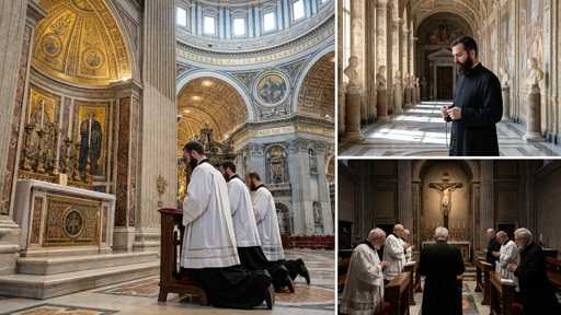 shutterstock_2762540163 Clergy members kneeling in prayer inside a grand cathedral