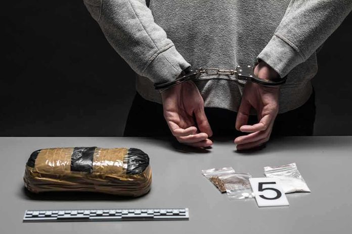 shutterstock_1081021994 person in handcuffs behind back over table with seized packages