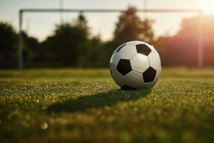 shutterstock_1107129662 Soccer ball on grass field near goal