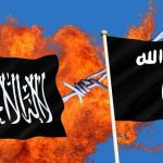 Treasury Hammer DROPS — Activists Tagged as TERRORISTS Two black extremist flags in front of flames and barbed wire