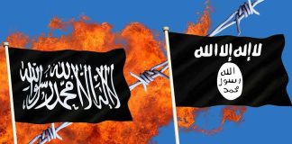 Treasury Hammer DROPS — Activists Tagged as TERRORISTS Two black extremist flags in front of flames and barbed wire
