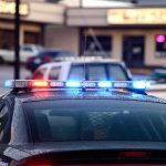 Police Database Used For CREEPY PURSUIT Police car with flashing red and blue lights in a parking lot