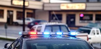 Police Database Used For CREEPY PURSUIT Police car with flashing red and blue lights in a parking lot