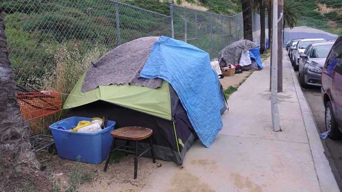 shutterstock_1392494762 Tent encampment along a city sidewalk