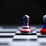 White House Pressure BREAKS Russian STANDOFF Two pawns on a chessboard, one with USA flag colors and one in red, blue, and silver