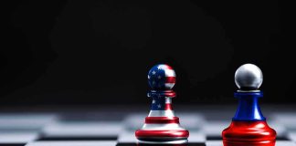 White House Pressure BREAKS Russian STANDOFF Two pawns on a chessboard, one with USA flag colors and one in red, blue, and silver