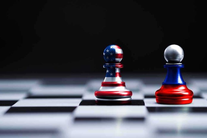shutterstock_1597207681 Two pawns on a chessboard, one with USA flag colors and one in red, blue, and silver