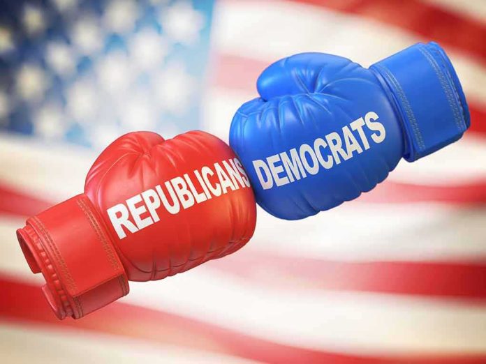shutterstock_1663130575 Boxing gloves labeled Republicans and Democrats bump together