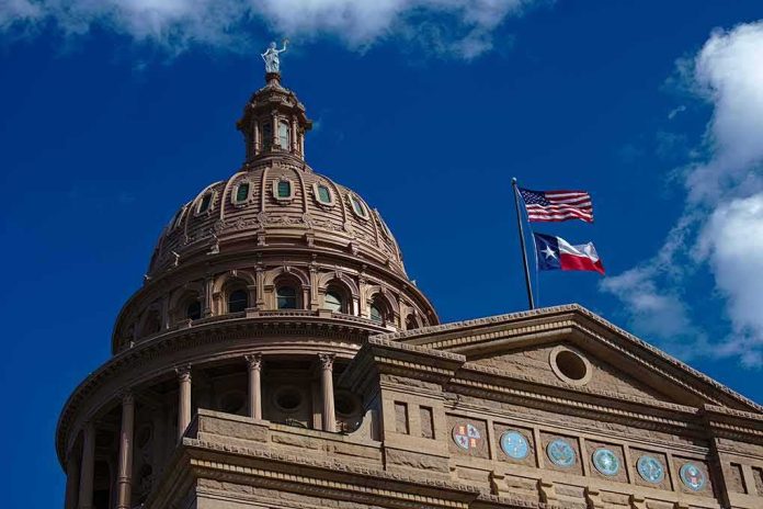 shutterstock_1673539927 Texas State Capitol dome with U.S. and Texas flags