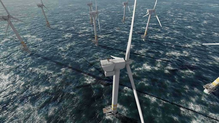 shutterstock_1808741995 Offshore wind turbines in rough sea from aerial view