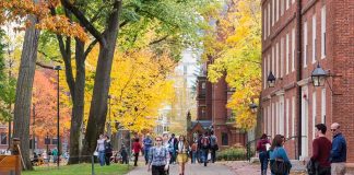Celebrity PROFESSOR Found DEAD — ICON College SCRAMBLES Students walking through a leafy campus path in autumn
