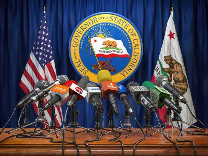 shutterstock_1940783878 Press microphones at a podium before California governor seal