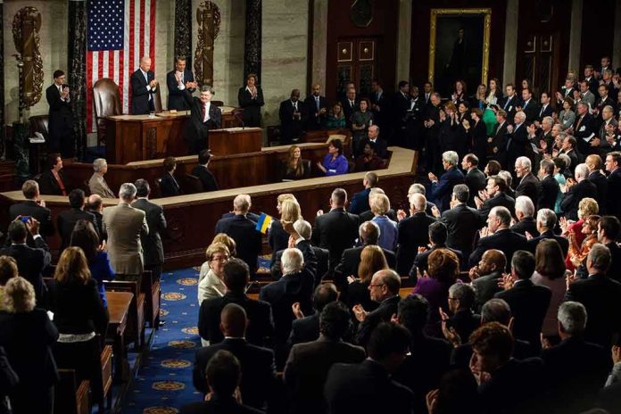 Legislators give a standing ovation in a grand chamber