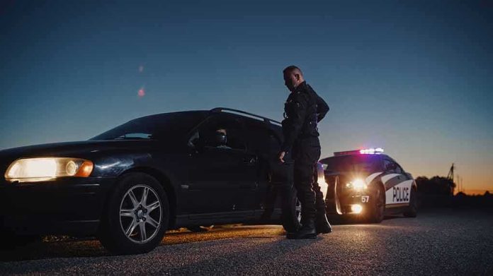 Police officer stands beside a stopped car at dusk