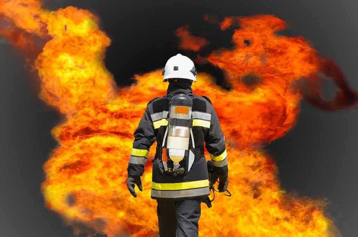 shutterstock_407204269 Firefighter in protective gear facing large flames