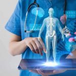 Diagnosis UPSET Stuns Medical Staff Healthcare professional uses tablet with medical holograms