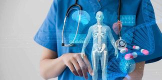 Diagnosis UPSET Stuns Medical Staff Healthcare professional uses tablet with medical holograms