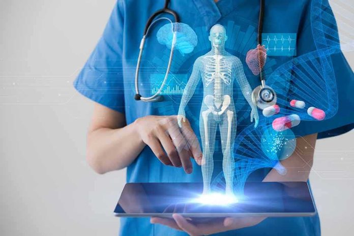 Healthcare professional uses tablet with medical holograms
