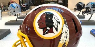 Redskins Gear RETURNS — Legal LOOPHOLE? maroon football helmet with yellow facemask on display