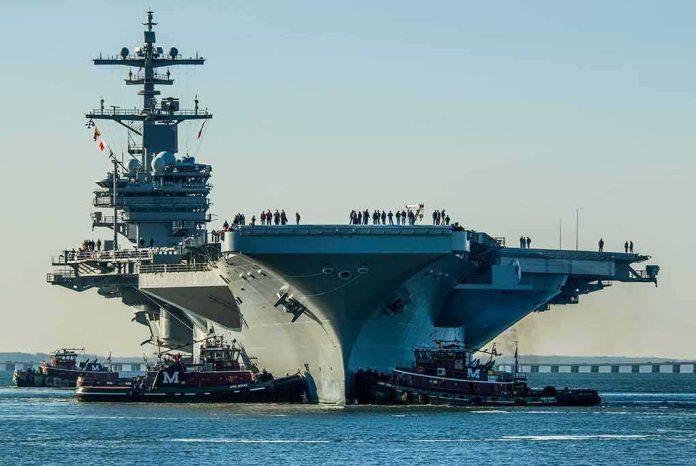 Aircraft carrier guided by tugboats in a harbor