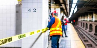 It Lay Steps From A Busy Subway Stop For DAYS. Nobody NOTICED Transit worker on a subway platform behind caution tape