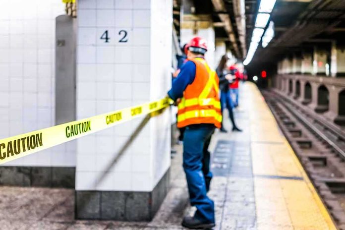 shutterstock_1034542012 Transit worker on a subway platform behind caution tape