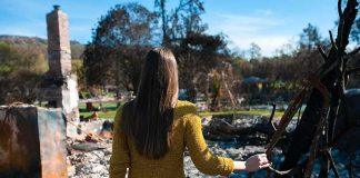 Wildfire Cash Reassigned to ILLEGALS — Cue the Brawl! Woman in yellow sweater surveys burned ruins outdoors